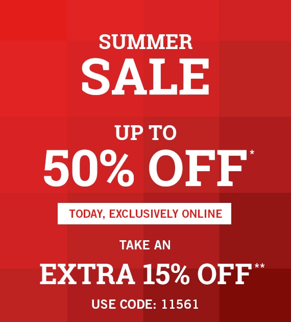 THE A&F SUMMER SALE UP TO 50% OFF*  Plus, Extra 15% Off Summer Sale
Use Code: 11561**